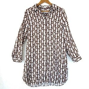 Chico's No Iron 100% Linen Geometric Tunic Shirt Brown White Size 2 US 12 802392